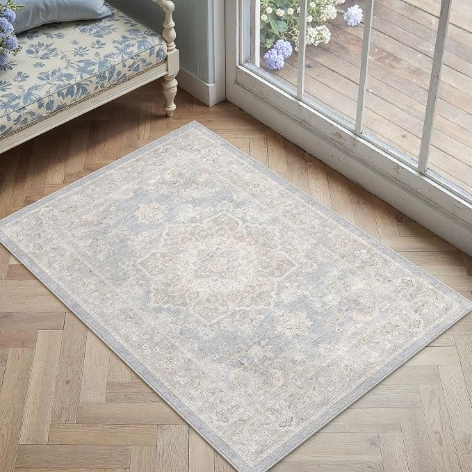 PureCozy Blue 2x3 Entryway Area Rug Washable Vintage Door Mat Non Slip Low Pile Carpet Indoor Soft Retro Mat Oriental Medallion Accent Throw Rug for Bathroom Office Bedroom Living Room