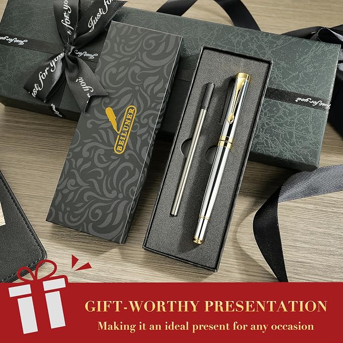 BEILUNER Personalized Ballpoint Pens, Stunning Bright Silver Chrome Metal Pen with Golden Trim, Fancy Ball Pen Gift Set for Men & Women, Graduation,Office, Nice Gift Box with 0.5mm Black Spare Refill
