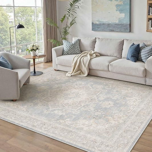 PureCozy Blue 6x9 Area Rug for Living Room Washable Vintage Large Carpet Non Slip Low Pile Indoor Bedroom Soft Retro Oriental Medallion Accent Throw Rug for Kitchen Dining Room Office