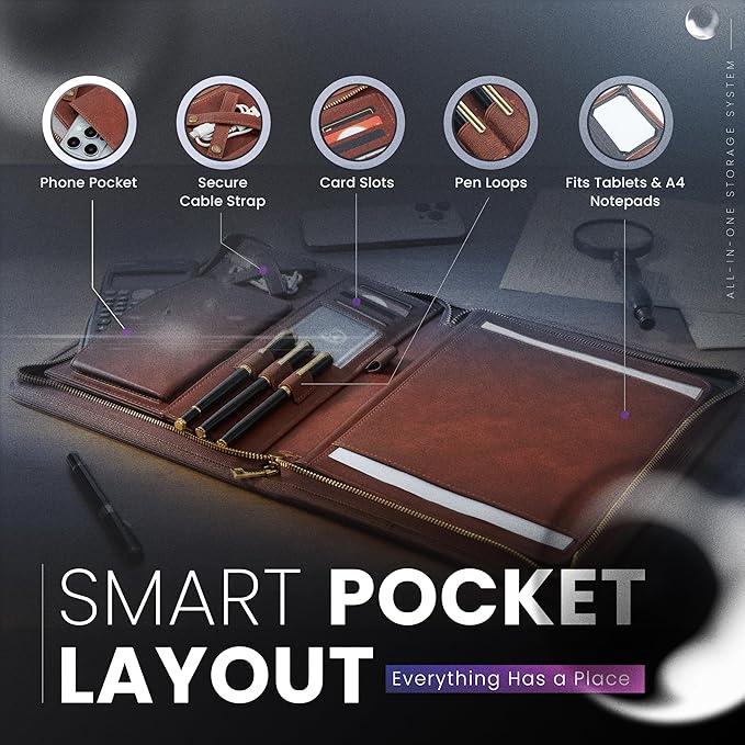 Leather Portfolio with Anti-RFID Protection, Business Portfolio with Zipper, Padfolio, Leather Portfolio for Men and Women, Vegan Leather Folder, Anti-Scam Technology Embedded, Business Impression