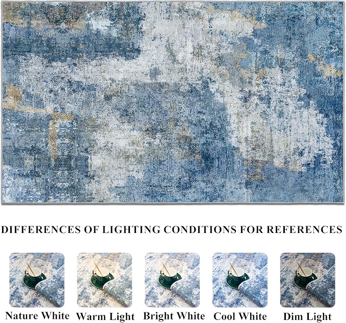 Living Room Area Rugs 9x12: Abstract Washable Bedroom Rugs with Non Slip Rubber Backing Stain Resistant Carpet for Dining Room Soft Indoor Floor Decor Mat for Households/Newlyweds 9x12 Blue White