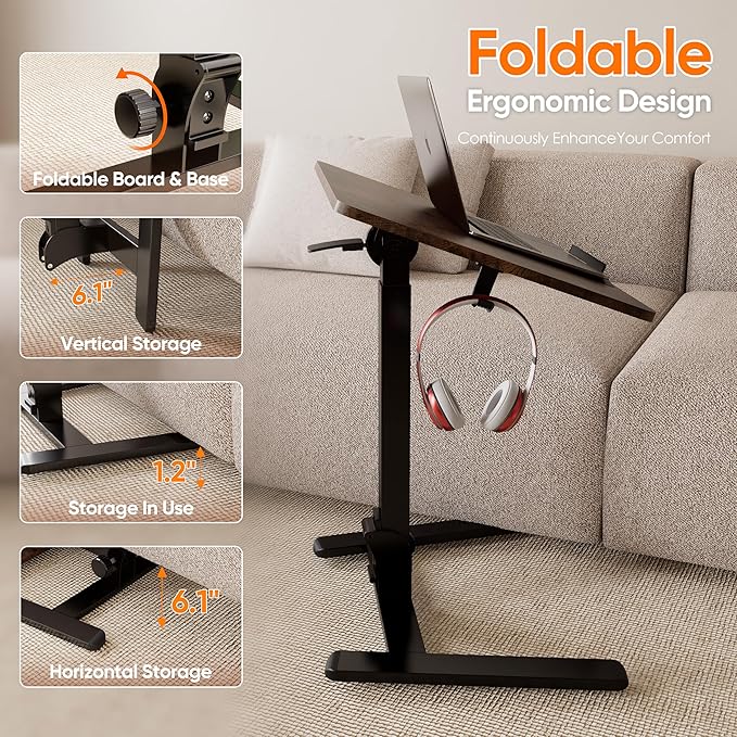 Monomi Mobile Folding Desk 25.6 Inch, Small Sit-Stand Height Adjustable Rolling Laptop Desk, Space-Saving Portable Desk with Wheels for Home Office Craft & Study, Brown