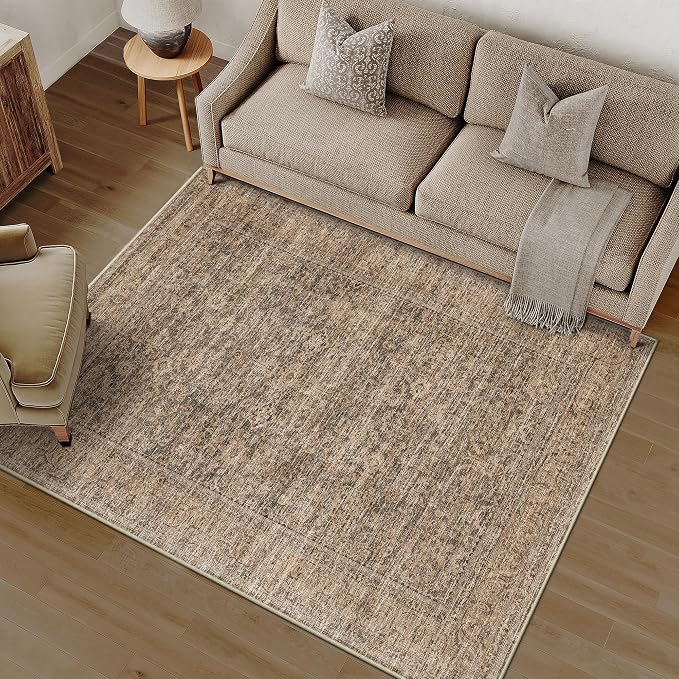 PureCozy Washable Rug 3x5, Entryway Brown Indoor Non Slip Small Low Plie Thin Bedroom Kitchen Area Rugs Retro Accent Throw Office Vintage Carpet for Nursery Under Coffee Table