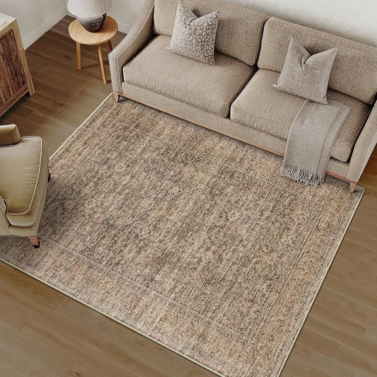 PureCozy Washable Rug 3x5, Entryway Brown Indoor Non Slip Small Low Plie Thin Bedroom Kitchen Area Rugs Retro Accent Throw Office Vintage Carpet for Nursery Under Coffee Table