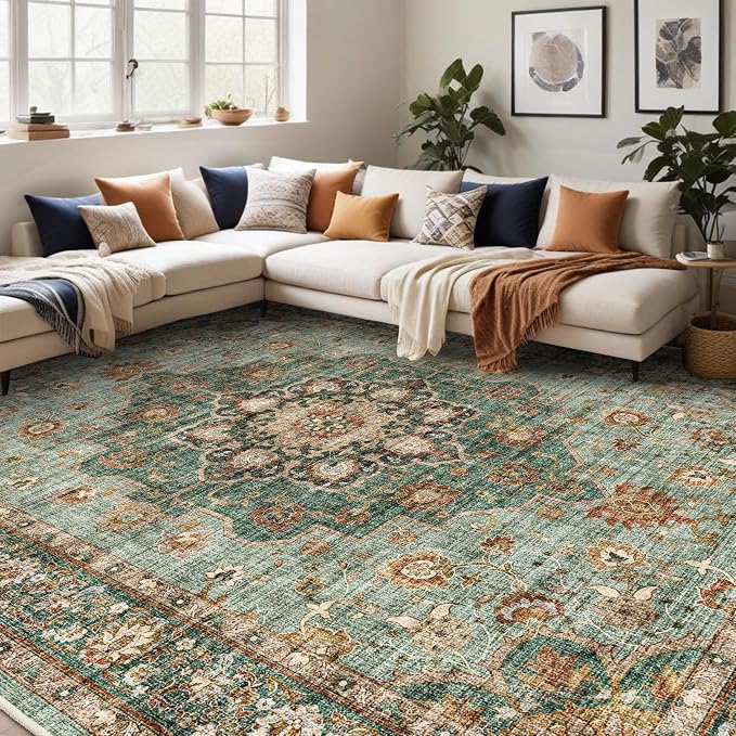 TOPRUUG Washable Oriental Area Rug - 12x18 Rugs for Living Room Soft Carpet for Bedroom Waterproof Floral Distressed Indoor Stain Resistant Non-Shedding Floor Carpets (Green, 12x18)