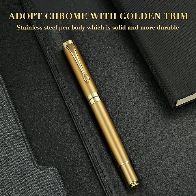 BEILUNER Ballpoint Pens, Stainless Steel with Chrome Trim, Luxury Golden Metal Pen Set, Best Ball Pen Gift Set for Men & Women, Professional, Executive, Office, Fancy Pens-Nice Box with Extra Refill