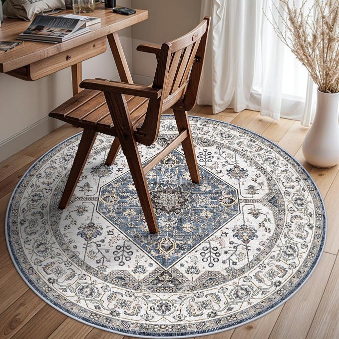 RUUGME Living Room 4round Area Rug - Boho Rugs for Living Room Vintage Tribal Rugs for Bedroom Kitchen Bathroom with Non Slip Backing Home Decor Floor Decoration Mat 4ft Navy