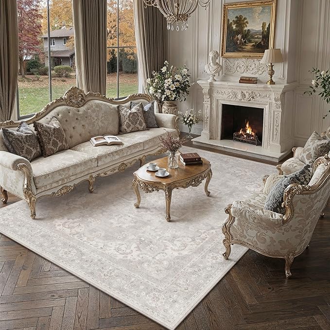 PureCozy Gray 8x10 Area Rug for Living Room Washable Vintage Large Carpet Non Slip Low Pile Indoor Bedroom Soft Retro Oriental Medallion Grey Accent Throw Rug for Kitchen Dining Room Office