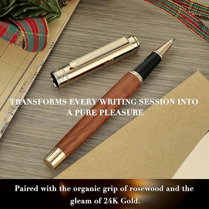 316 Luxury Journaling Pen, Nice Natural Wood for Writing, 24K Gold Accents, Schmidt refill, Fancy Rollerball, Gift Set for Men & Women, Executive & Professional Christmas Office, Pens-Rosewood