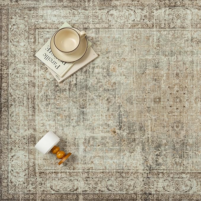 PureCozy Sage Area Rug 6x9 for Living Room Washable Vintage Carpet Low Pile Non Slip Distressed Soft Traditional Retro Oriental Large Accent Throw Rug Office Bedroom Dining Room Playroom