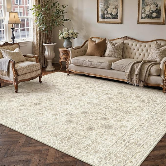 PureCozy 5x7 Area Rug Washable Beige Vintage Living Room Bedroom Distressed Non Slip Carpet Indoor Low Plie Thin Dining Room Office Retro Accent Throw Rug