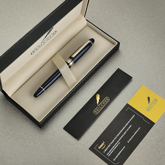 BEILUNER 319 Piano Blue Lacquer Rollerball - Stunning Luxury Pen with 24K Gold, Heavy, Schneider Black Ink Refill, Best Gift Set for Men & Women, Professional, Executive Office, Fancy Classic Pens