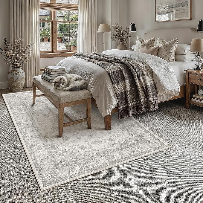 PureCozy Gray Area Rug 6x9 Washable Vintage Living Room Bedroom Carpet Non Slip Soft Low Pile Distressed Medallion Indoor Floor Grey Retro Throw Large Rug for Dining Room Office