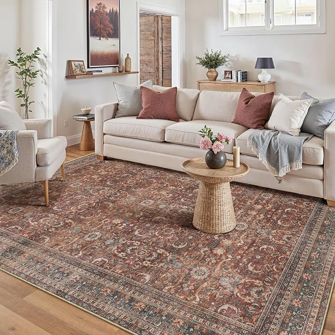 HUGEAR Area Rug 5x7 Vintage Brick Red Machine Washable Living Room Rugs Distressed Retro Floral Vacuumable Low Pile Carpet Bedroom Office Dining Room Laundry Room Non Slip Soft Lightweight