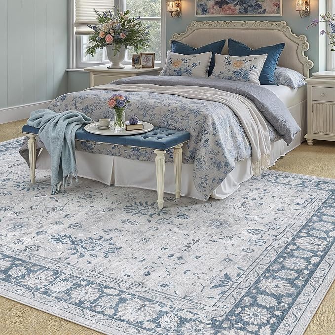 PureCozy 6x9 Area Rug Blue Washable Vintage Carpet Living Room Bedroom Large Non Slip Stain Soft Resistant Low Pile Thin Boho Accent Indoor Throw Rug for Dining Room Office