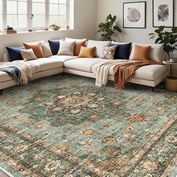 TOPRUUG Washable Oriental Area Rug - 12x15 Rugs for Living Room Soft Carpet for Bedroom Waterproof Floral Distressed Indoor Stain Resistant Non-Shedding Floor Carpets (Green, 12x15)