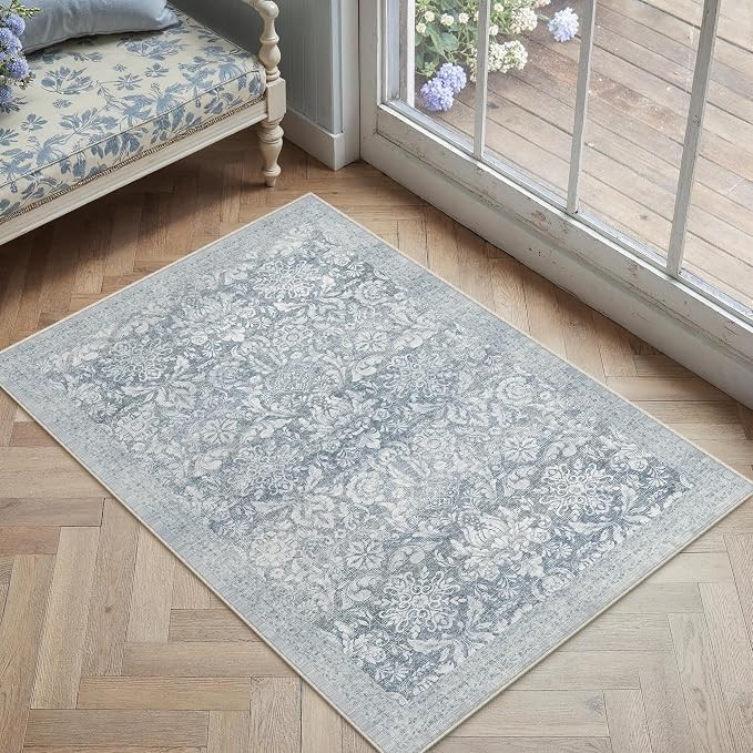 PureCozy Washable Area Rug 2x3, Small Non-Slip Entryway Door Mat Vintage Low Plie Thin Indoor Kitchen Bathroom Rug Retro Accent Throw Entrance Bedroom Office Carpet Blue