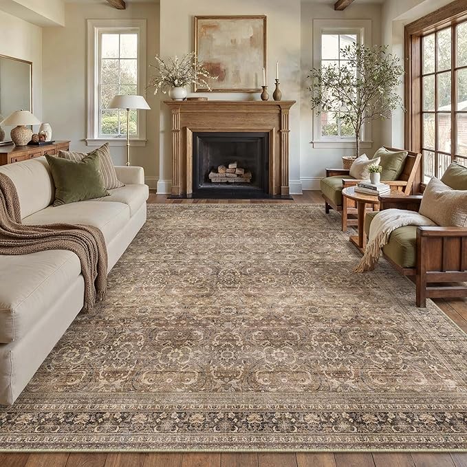 HUGEAR Area Rug 9x12 Vintage Brown Machine Washable Living Room Rugs Distressed Retro Floral Vacuumable Low Pile Carpet Bedroom Office Dining Room Laundry Room Non Slip Soft Lightweight