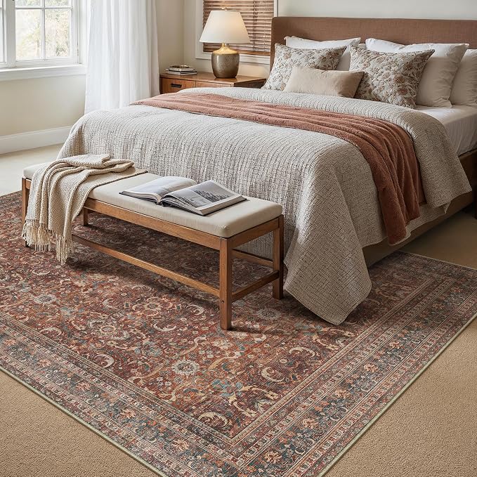 HUGEAR Area Rug 5x7 Vintage Brick Red Machine Washable Living Room Rugs Distressed Retro Floral Vacuumable Low Pile Carpet Bedroom Office Dining Room Laundry Room Non Slip Soft Lightweight