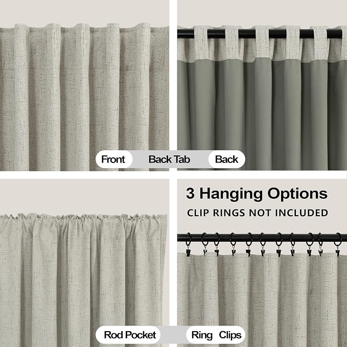 KOUFALL Neutral Greige Curtains Black Out 63 Inch Long,Back Tab Linen Blackout Curtains 63 Inch Length for Bedroom Living Room