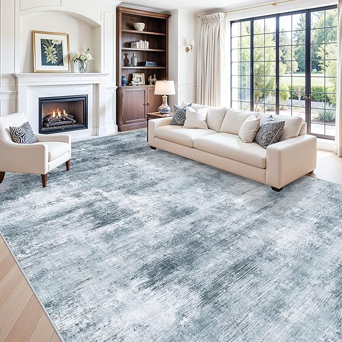 12x15 Area Rug for Living Room – Large Modern Neutral Abstract Thin Washable Carpet, Soft Low Pile Non-Slip Stain-Resistant for Bedroom Dining Room Home Office (Misty Blue Gray)