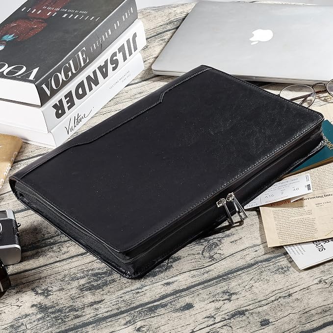 Vegan Leather Portfolio Binder, 3 Ring Binder Padfolio for Women, Black Leather Binder Leather Folder, Handmade Portfolio Oranizer, Personalized Resume Portfolio Folder (Black, Custom)