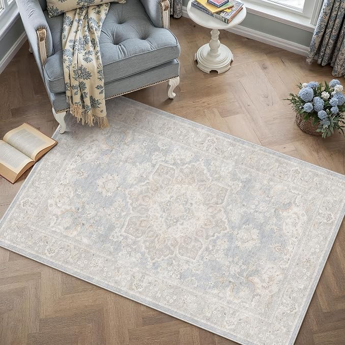 PureCozy Blue 3x5 Area Rug Washable Vintage Office Carpet Non Slip Low Pile Indoor Entryway Door Mat Soft Retro Oriental Medallion Accent Throw Rug for Bathroom Office Bedroom Living Room