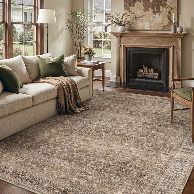 HUGEAR Area Rug 8x10 Vintage Brown Machine Washable Living Room Rugs Distressed Retro Floral Vacuumable Low Pile Carpet Bedroom Office Dining Room Laundry Room Non Slip Soft Lightweight