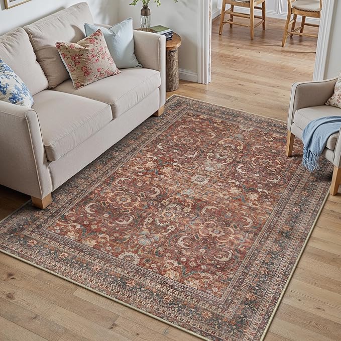 HUGEAR 3x5 Entryway Area Rug Vintage Brick Red Small Rug Machine Washable Door Mat Retro Floral Low Pile Carpet Vacuumable Distressed Throw Rug Entrance Kitchen Bedroom Bathroom Non Slip Lightweight
