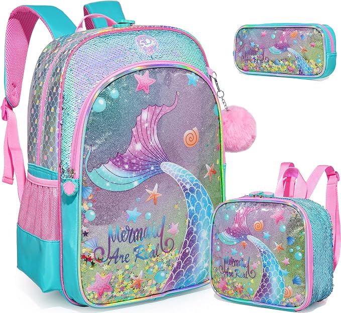 Mermaid Backpacks for Girls Kids School Cute Bookbag for Kindergarten Elementary Sequin School Backpack for Girls Lightweight SchoolBag with Lunch Box
