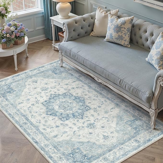 PureCozy Blue Area Rug 3x5 Washable Vintage Carpet for Entryway Office Soft Retro Kitchen Low Pile Thin Door Mat Non Slip Oriental Medallion Throw Rug for Bathroom Bedroom Dining Living Room