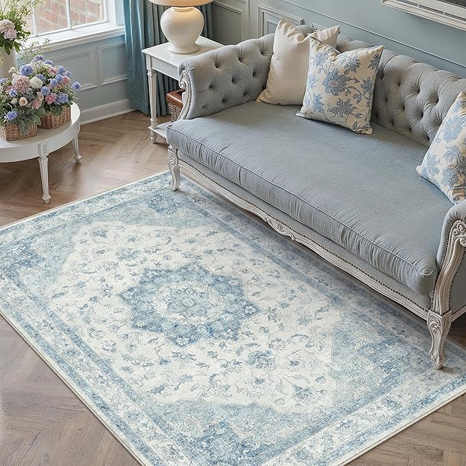 PureCozy Blue Area Rug 4x6 Washable Vintage Carpet for Office Living Room Soft Retro Low Pile Thin Indoor Rug Non Slip Oriental Medallion Floor Cover for Bedroom Kitchen Dining Room