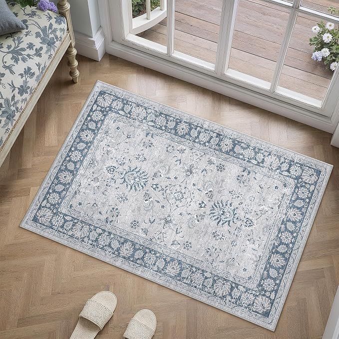 PureCozy 2x3 Area Rug Blue Washable Entryway Vintage Carpet Door Mat Small Non Slip Stain Soft Resistant Low Pile Thin Boho Accent Indoor Throw Rug for Kitchen Bathroom Entrance Bedroom