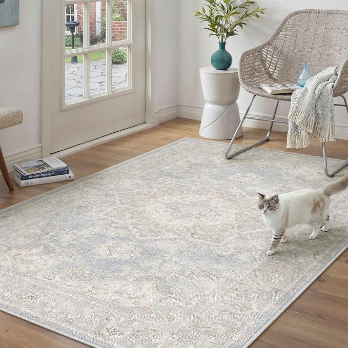 PureCozy Blue 3x5 Area Rug Washable Vintage Office Carpet Non Slip Low Pile Indoor Entryway Door Mat Soft Retro Oriental Medallion Accent Throw Rug for Bathroom Office Bedroom Living Room