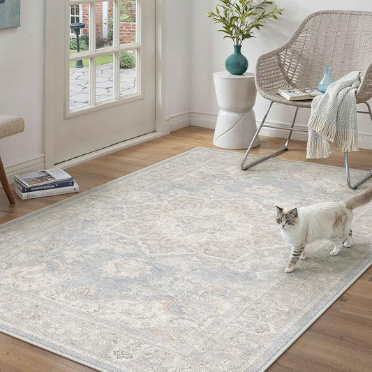 PureCozy Blue 3x5 Area Rug Washable Vintage Office Carpet Non Slip Low Pile Indoor Entryway Door Mat Soft Retro Oriental Medallion Accent Throw Rug for Bathroom Office Bedroom Living Room