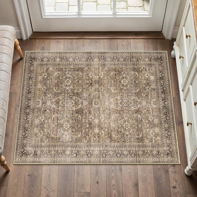 HUGEAR 2x3 Entryway Area Rug Vintage Brown Small Rug Machine Washable Door Mat Retro Floral Low Pile Carpet Vacuumable Distressed Throw Rug Entrance Kitchen Bathroom Bedroom Non Slip Lightweight