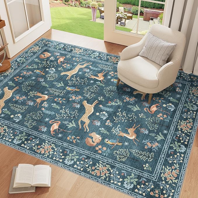 DUKINO 3x5 Rug, Washable Animal Area Rug with Non Slip Vintage Design, Indoor Soft Low Pile Carpet for Bedroom, Nursery, Dining Room, Farmhouse, Playroom, Blue