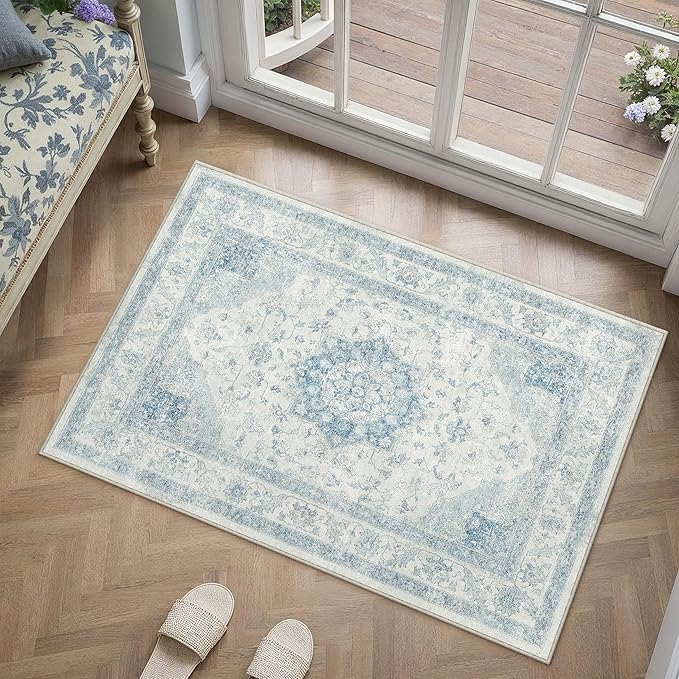 PureCozy Blue Area Rug 2x3 Washable Vintage Small Carpet for Entryway Kitchen Soft Retro Low Pile Thin Door Mat Non Slip Oriental Medallion Throw Rug for Bathroom Office Bedroom Dining Room