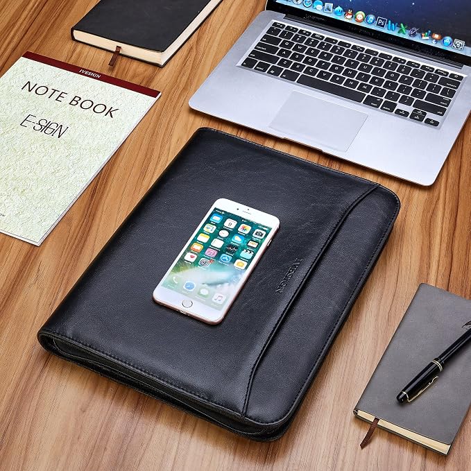 Zippered Padfolio Binder, Faux Leather Organizer with 3-Ring Binder, Left-Handed Design, Business Card Slots & Document Folders - Professional Padfolio for Office (Black)
