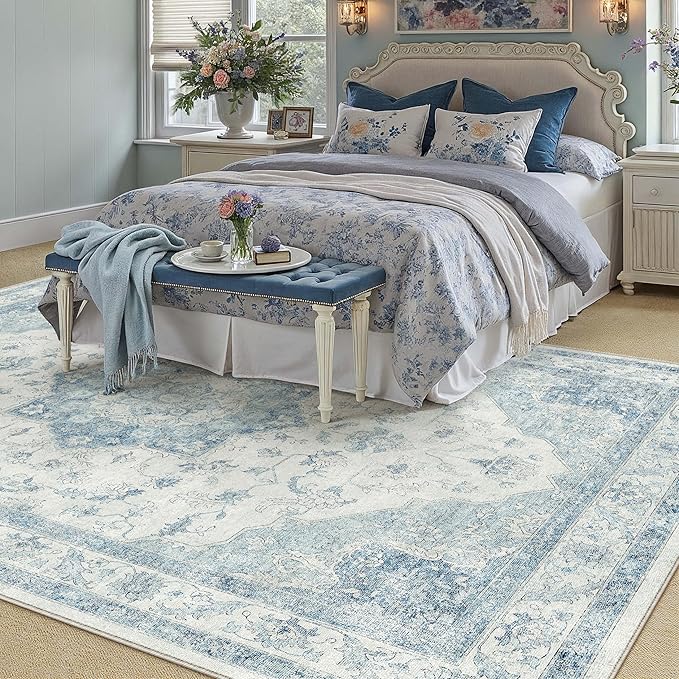 PureCozy Blue Area Rug 8x10 Washable Vintage Carpet for Living Room Bedroom Large Soft Retro Low Pile Thin Indoor Rug Non Slip Oriental Medallion Floor Cover for Dining Room Office