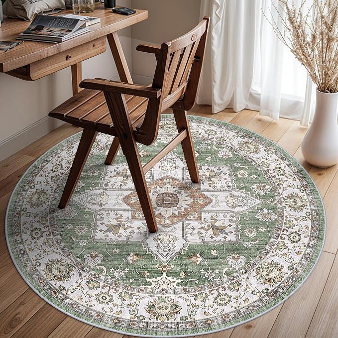 RUUGME Washable 4round Area Rug - Boho Rugs for Living Room Vintage Tribal Rugs for Bedroom Kitchen Bathroom with Non Slip Backing Home Decor Floor Decoration Mat 4ft Sage