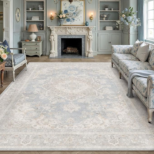 PureCozy Blue 10x12 Area Rug for Living Room Washable Vintage Large Carpet Non Slip Low Pile Indoor Bedroom Soft Retro Oriental Medallion Accent Throw Rug for Kitchen Dining Room Office
