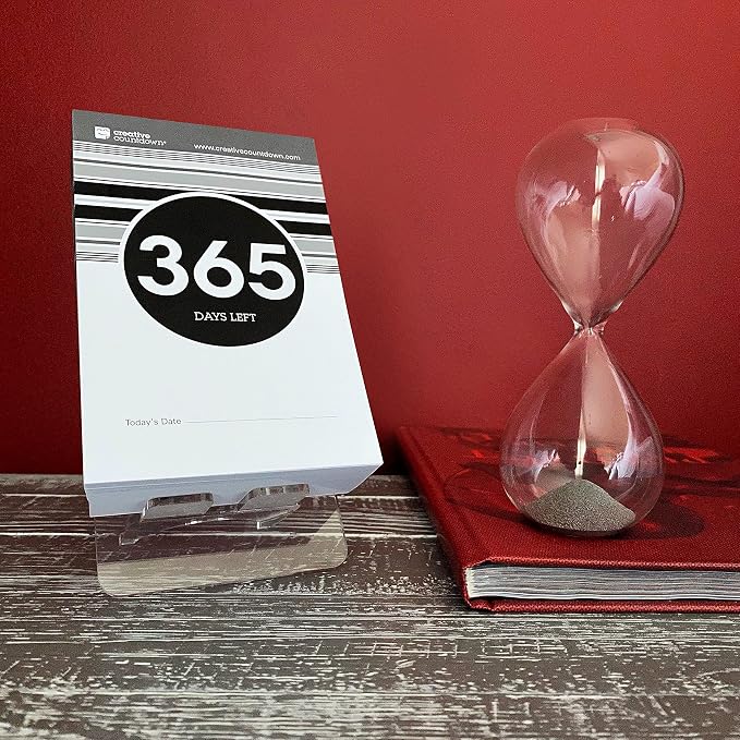 1 Year (365 Days) Event, Goal & Special Occasion Count Down Calendar - 5.75"x3.75" - Black & White Tear Off Countdown Calendar - Tear Away Desktop Calendar with Writing Space & Sleek Acrylic Display