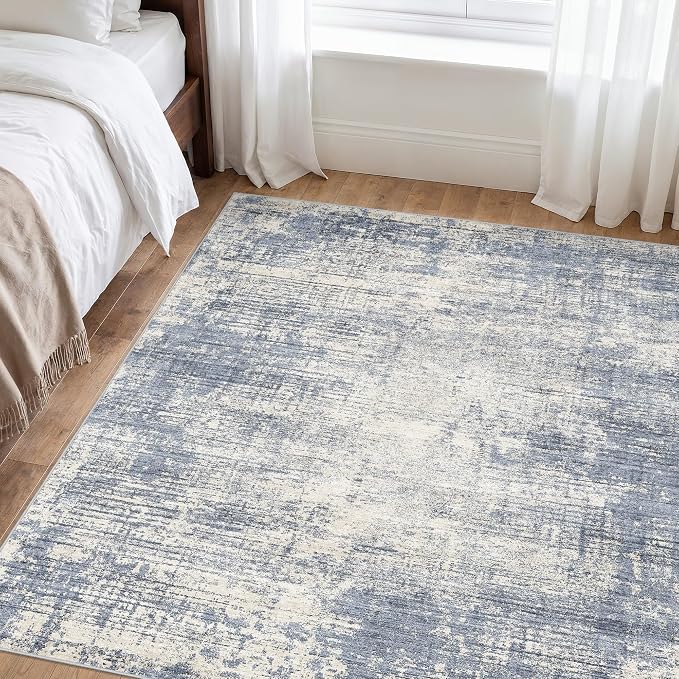 Washable Abstract 5x5 Square Rug: Low Pile Throw Rugs with Non Slip Rubber Backing Stain Resistant Carpet Soft Rugs for Entryway Living Room Bedroom (Blue Gray,5x5 Square)
