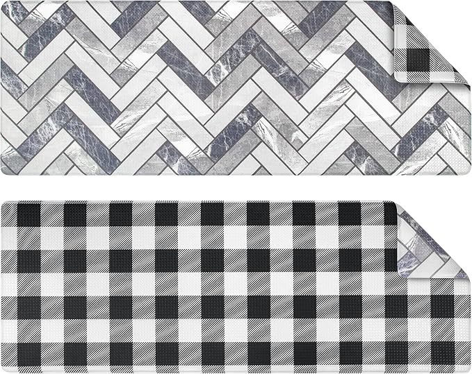 OPUX Anti Fatigue Kitchen Floor Mat, Reversible Cushioned Memory Foam Kitchen Rug Pad, Waterproof Non-Slip Padded Comfort Standing Mat Laundry Home, 47x17 (Buffalo Check Black White Herringbone)