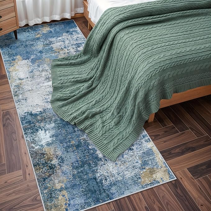 3x8 Washable Hallway Runner Rug: Modern Abstract Non-Slip Kitchen Rug for Bedroom Entryway - Ultra Thin Soft Low-Pile Stain Resistant Throw Floor Mat for Boho Home Decor (3X8 Blue-W)