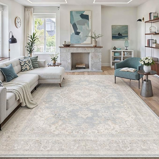 PureCozy Blue 9x12 Area Rug for Living Room Washable Vintage Large Carpet Non Slip Low Pile Indoor Bedroom Soft Retro Oriental Medallion Accent Throw Rug for Kitchen Dining Room Office