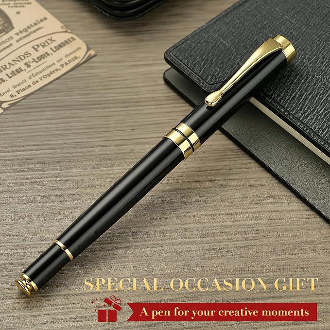 BEILUNER Ballpoint Pens, Stunning Black Chrome Metal Pen with Golden Trim, Best Ball Pen Gift Set for Men & Women, Professional, Executive, Office, Nice Pens-Gift Box with 0.5mm Black Extra Refill