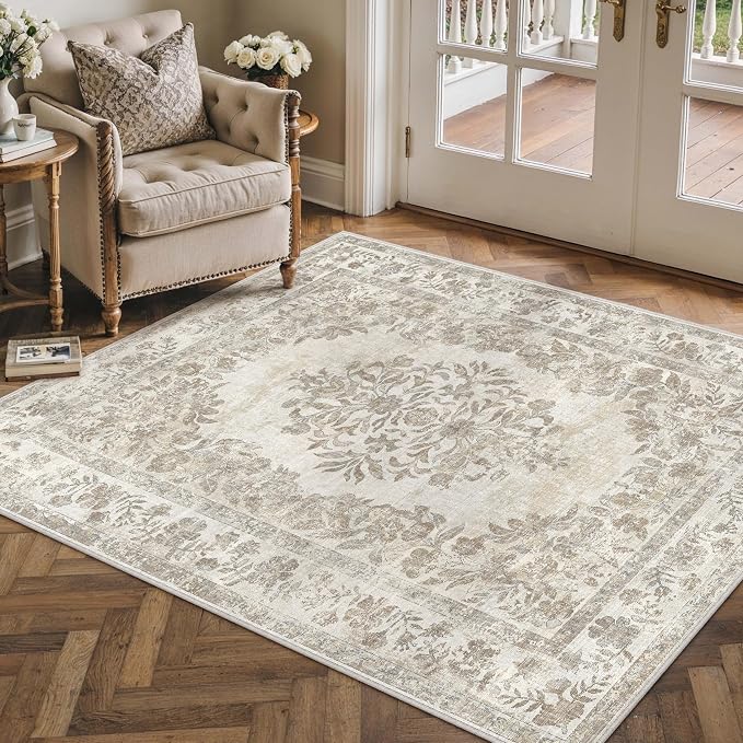PureCozy 4x5 Area Rug Beige Washable Office Vintage Distressed Carpet Bedroom Indoor Neutral Medallion Floral Living Room Non Slip Retro Throw Floor Mat for Dining Room Kitchen Bathroom