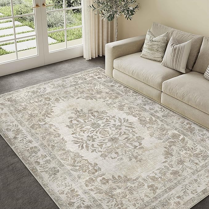 PureCozy 5x7 Area Rug Beige Washable Vintage Distressed Living Room Carpet Large Bedroom Indoor Medallion Floral Non Slip Retro Throw Floor Mat for Office Dining Room Kitchen Bathroom